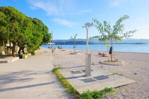 On the beach, sun-loungers