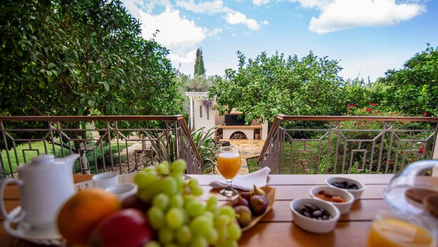 A breakfast table with fruits, a pitcher, and a glass of orange juice on a balcony overlooking a garden. - Villa Komfort in Zakynthos suitable for family or group with private pool (Lagopodo,Zakynthos)