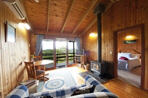A cozy cabin with a wooden interior, a fireplace, a television, and a bed with a view of the outdoors.