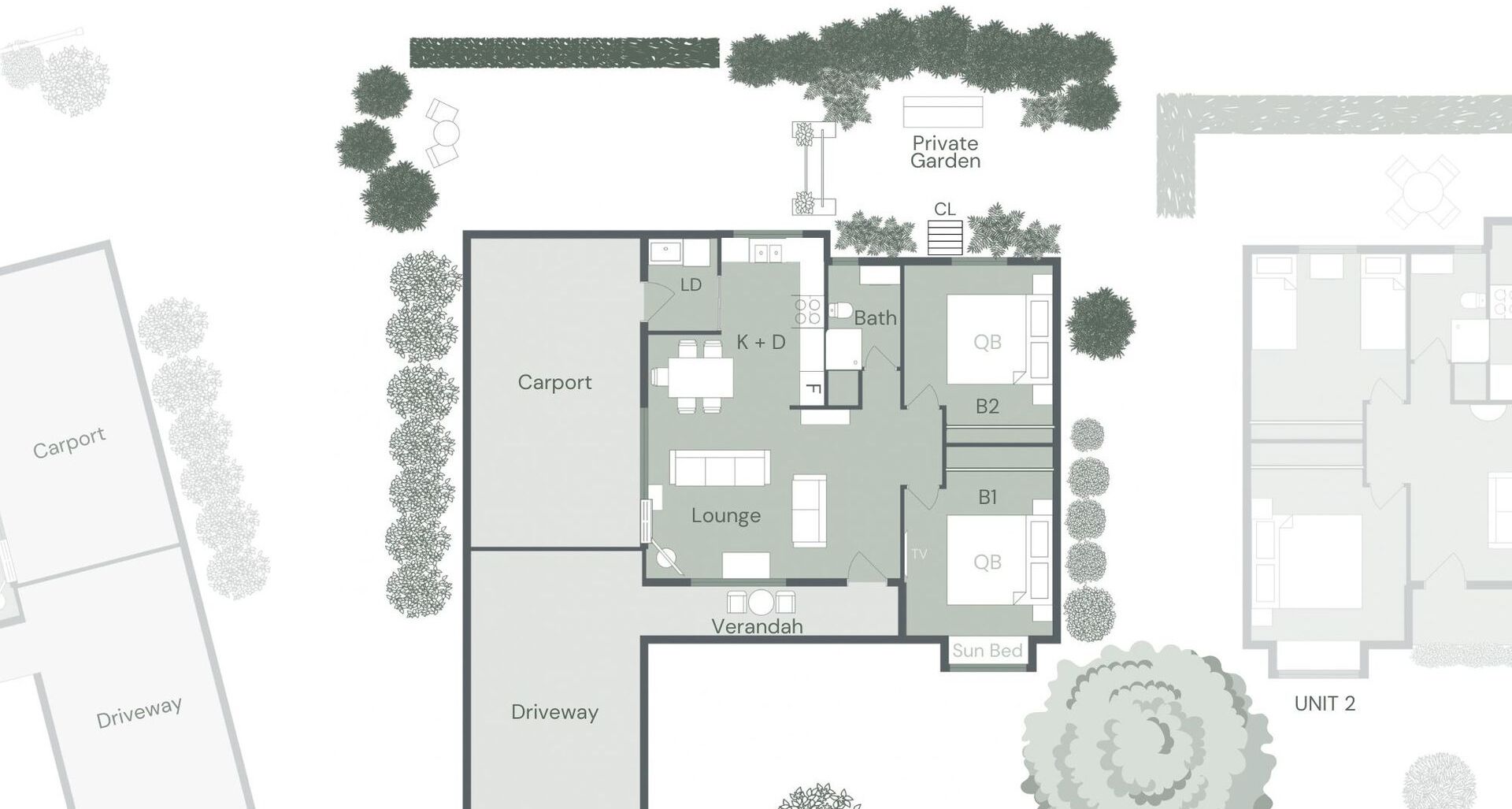 En planritning över ett hotell med ett carport, en lounge, ett TV-rum, solstolar, en privat trädgård och en uppfart.