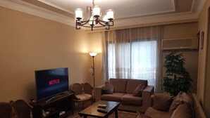 A living room with a television displaying 'NETFLIX', a sofa, a coffee table, a floor lamp, and a potted plant. - in the center of Cairo (Cairo)