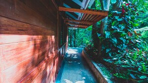 A wooden pathway leading to a building with a covered porch. - Secluded Hillside Cottage with Bay & Rainforest Views, Just 5 Mins to the Beach (Englishman's Bay)
