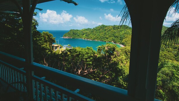 A view from a covered balcony overlooking a turquoise sea, lush green hills, and a small building. - Secluded Hillside Cottage with Bay & Rainforest Views, Just 5 Mins to the Beach (Englishman's Bay)