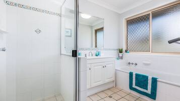 Hair dryer, towels, soap, shampoo