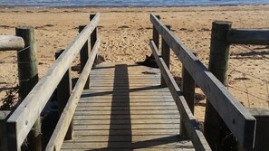On the beach, sun loungers