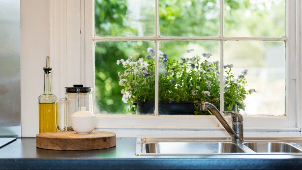 A kitchen with a window, a sink, and a wooden cutting board with jars and a bowl. - Cosy Heritage Cottage in Newstead, Central to Daylesford, Maldon & Castlemaine (Newstead)