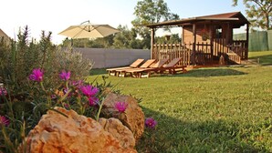 A wooden deck with lounge chairs and a pergola, surrounded by a grassy area with rocks and purple flowers. - Artemis - Markovac Višnjan, cozy apartment with large garden and hot tub (Višnjan)