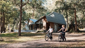 A rustic cabin with a sloped roof, surrounded by trees, and a dirt path in front.