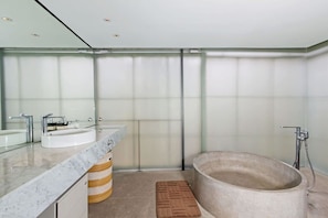 Une salle de bain moderne dotée d’une douche à parois de verre, d’une baignoire sur pieds et d’un plan de toilette en marbre avec deux vasques.