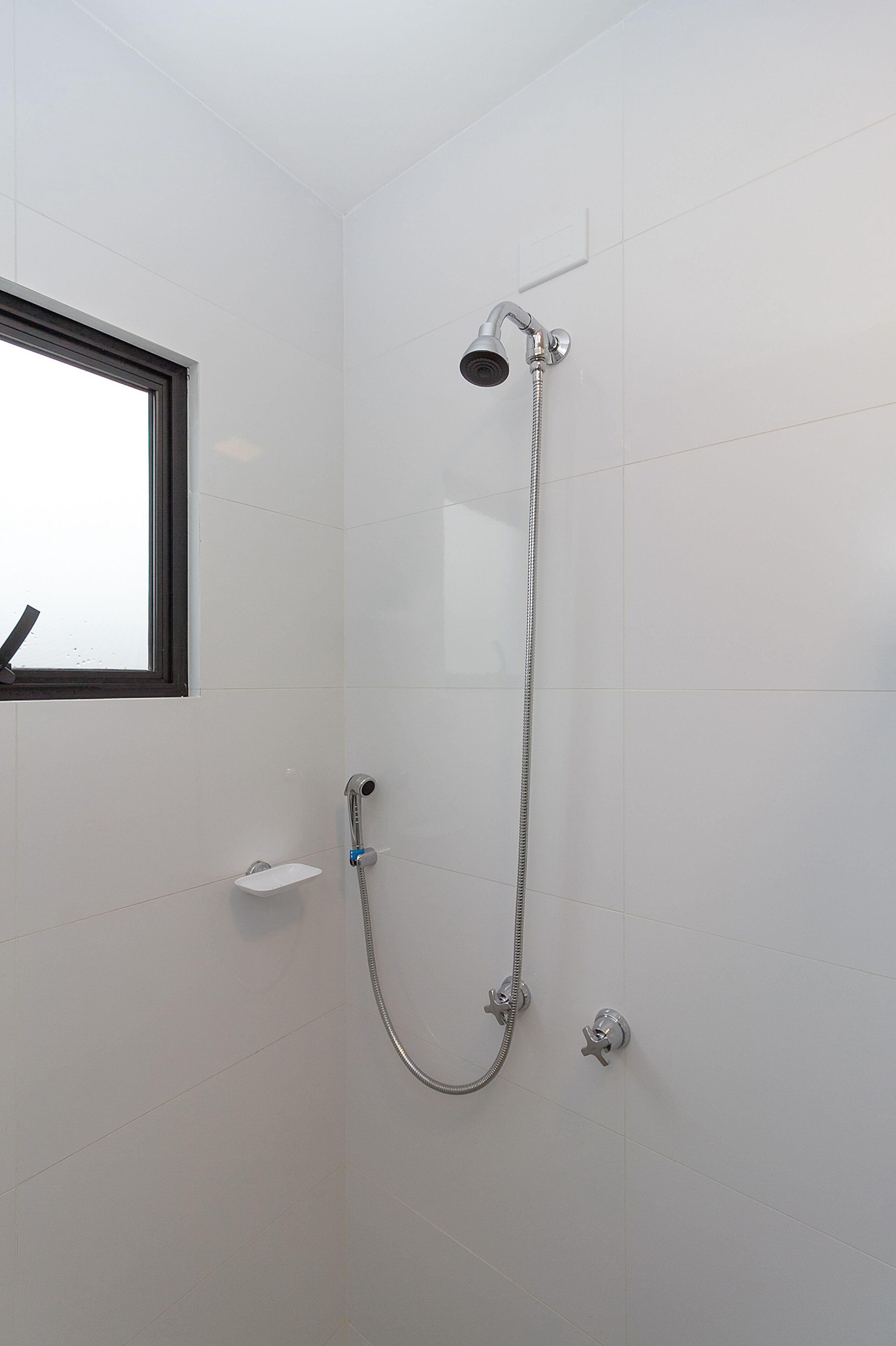 Een douche met een handdouche en een kraan op de muur.