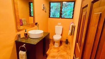 Shower, eco-friendly toiletries, hair dryer, bathrobes