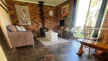 Télévision, cheminée, lecteur de DVD, livres