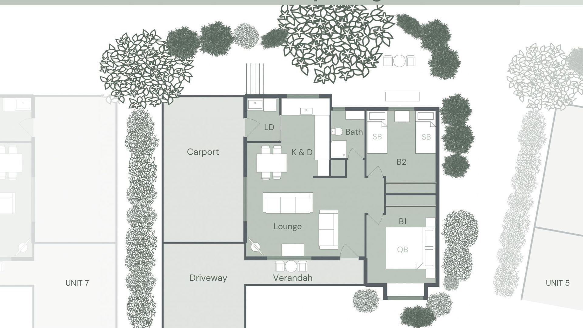 A floor plan of a hotel with a carport, lounge, kitchenette, and two bedrooms.