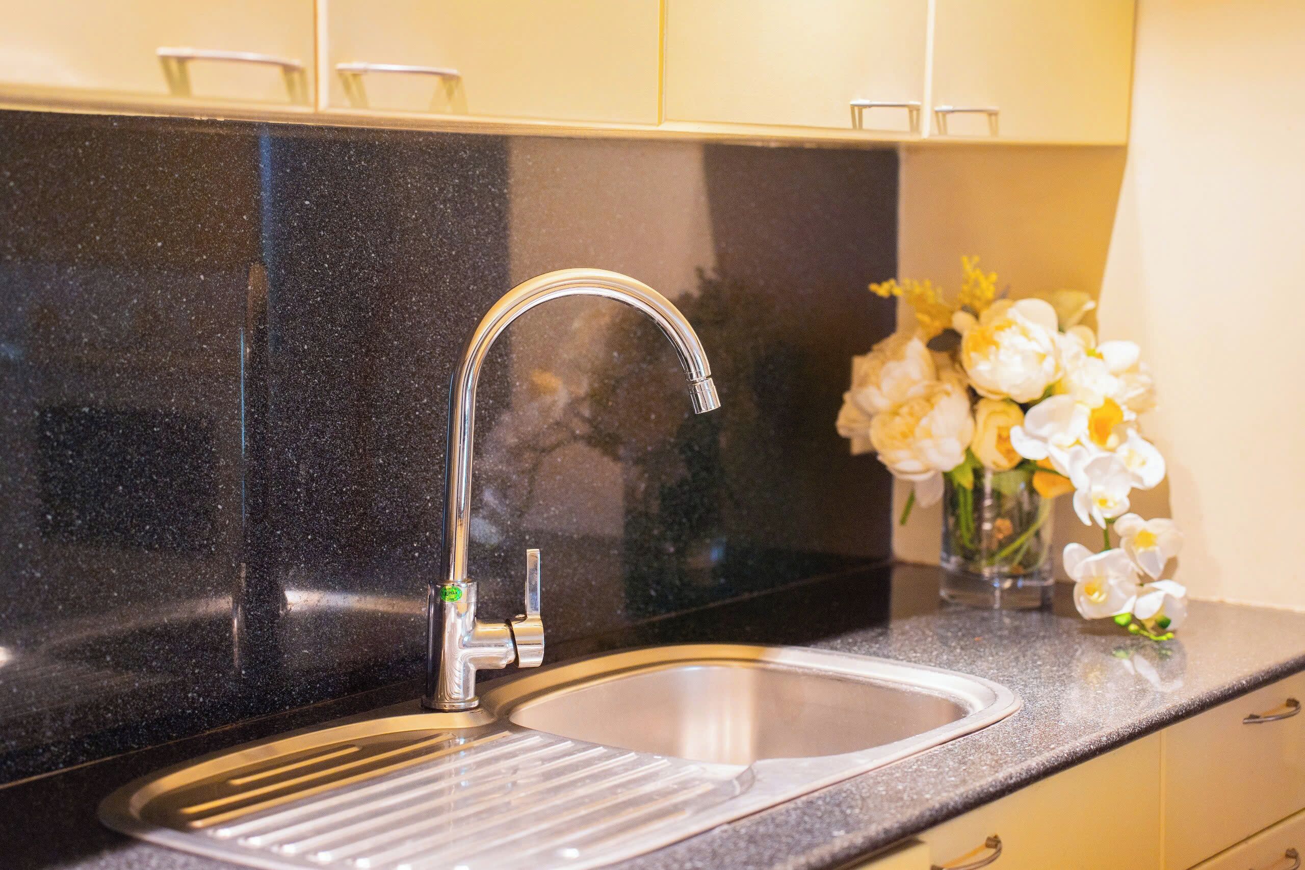 A kitchen with a black countertop, stainless steel sink, and a vase of flowers.