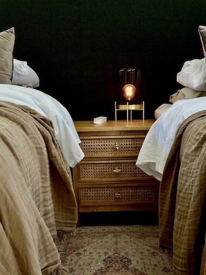 A bedroom with two beds, a bedside table with a lamp, and a patterned rug.