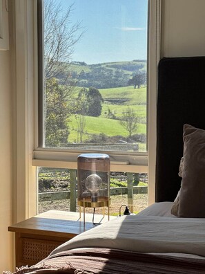 A bed with a view of a green landscape through a window.