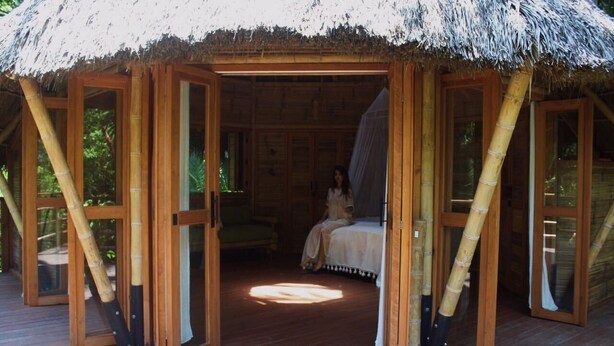 A wooden structure with a thatched roof, a bed, and a window. - Mint Cabin 1. Romantic Ecolodge in the jungle by the sea (San Pancho)