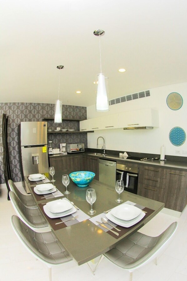 Fridge, microwave, oven, dishwasher