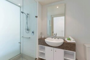 Shower, hair dryer, shampoo