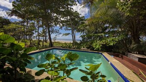 Una piscina rodeada de vegetación tropical, con vista a una playa y al océano al fondo.