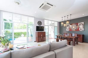 TV, DVD player, stereo