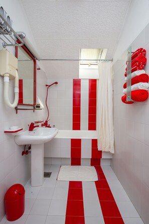 Combined shower/bathtub, hair dryer, towels, toilet paper