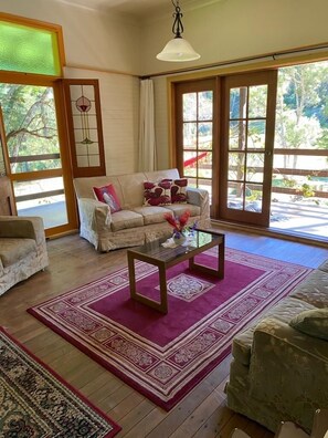Smart TV, chimenea, libros y biblioteca musical 