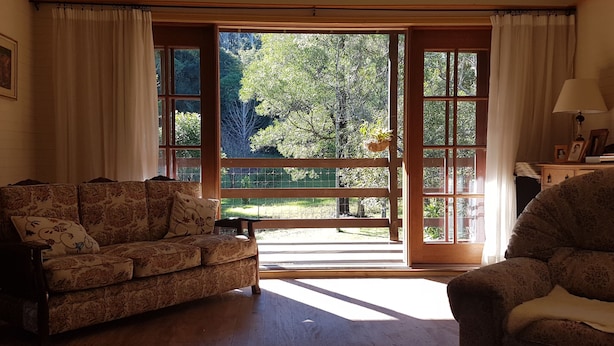 A room with a wooden floor, a floral-patterned sofa, a chair, and a large window with a view of trees.