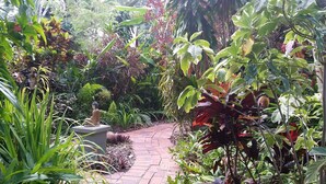 A garden pathway with a Buddha statue, surrounded by various plants and trees.