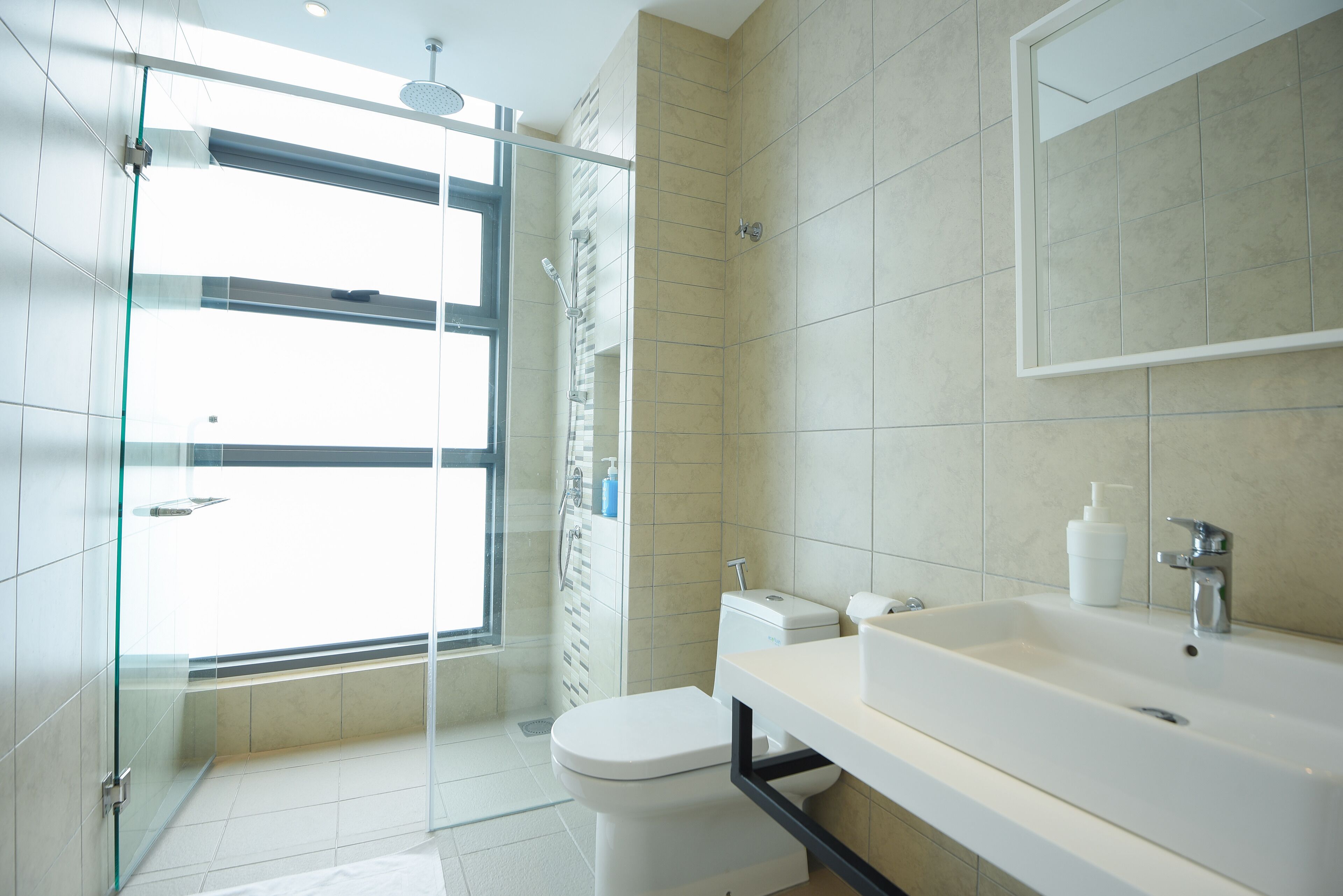 Shower, hair dryer, bidet, towels