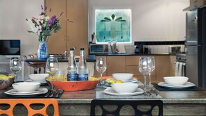 Fridge, microwave, dishwasher, coffee/tea maker
