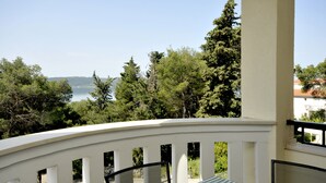 Un balcon avec une table et des chaises à carreaux, donnant sur un lac et des arbres.