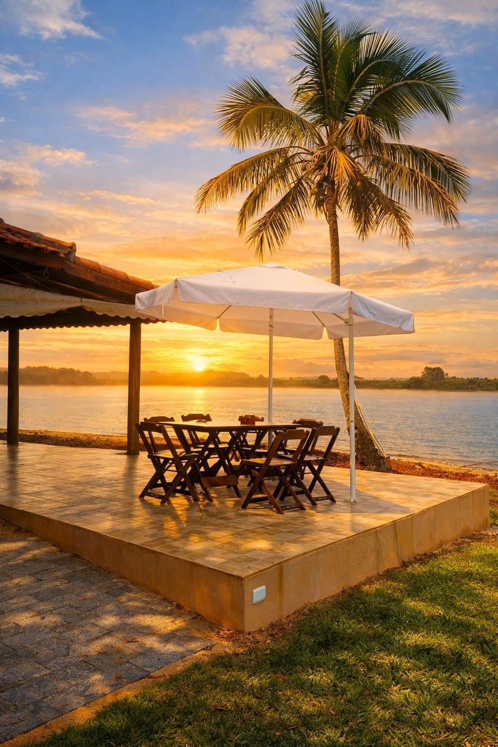A patio with a table and chairs under a white umbrella, overlooking a body of water with a sunset in the background.