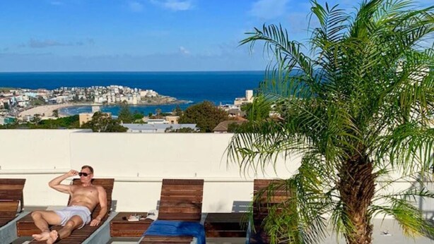 A rooftop lounge with wooden loungers, a palm tree, and a view of the ocean and cityscape. - bondi beach  studio 8  balcony  rooftop pool, aircon, walk to beach, restaurants (Bondi Beach)