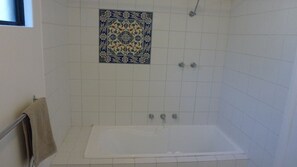 Combined shower/bathtub, hair dryer, towels, soap