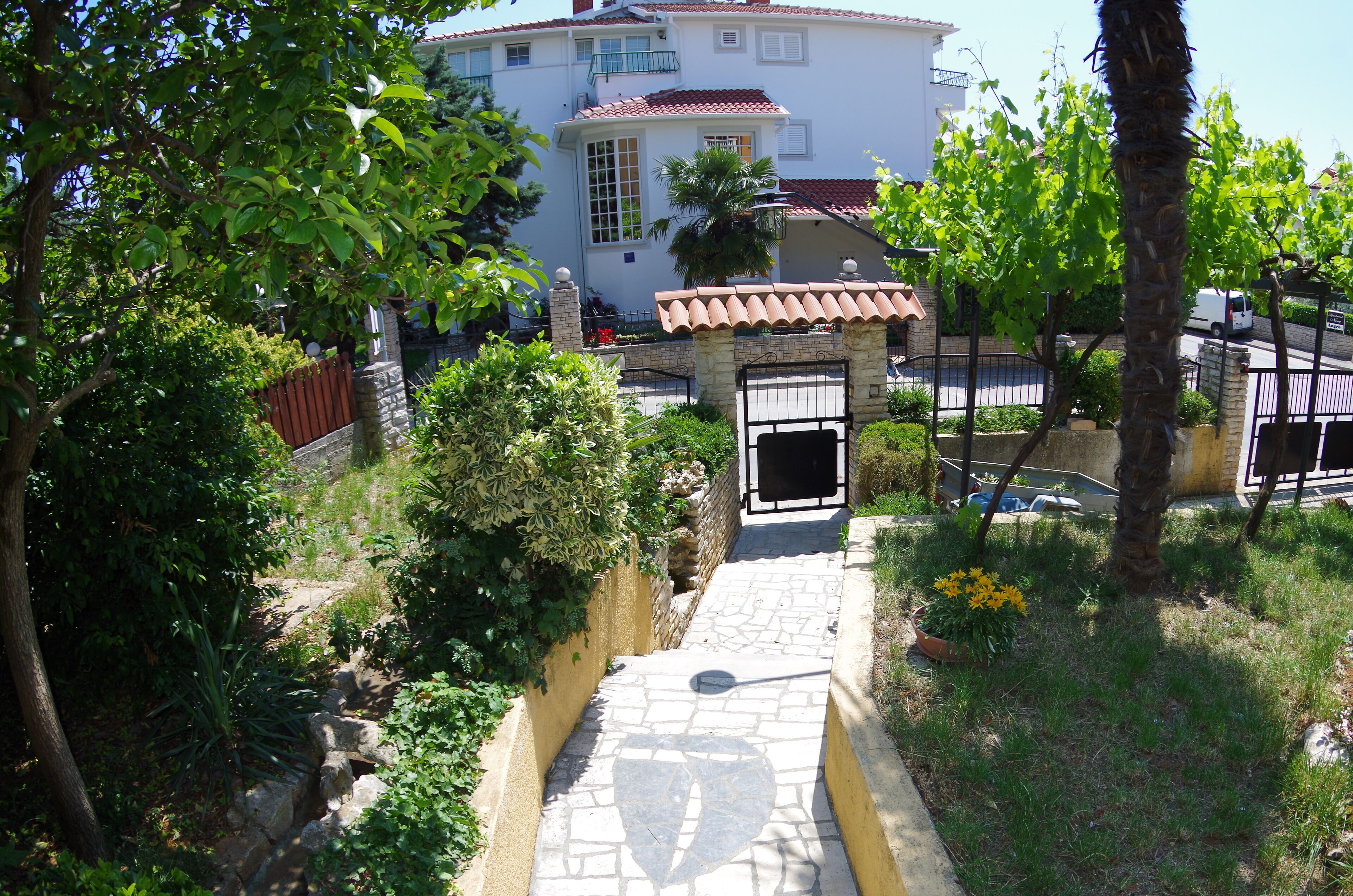 Un sendero que conduce a una entrada con puerta, un muro de piedra y una palmera.