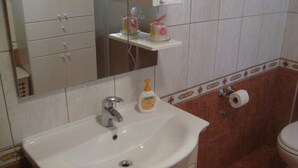 Ein Badezimmer mit einem weißen Waschbecken, einem Spiegel, einer Toilette und einem Ablagefach für Pflegeprodukte.