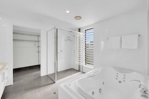 Shower, hair dryer, shampoo