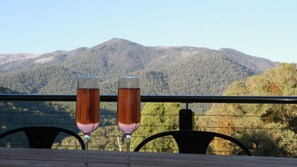 Two glasses of a beverage on a table with a view of a mountain range. - Woollybutt - sitting high on Alpine Ridge featuring spectacular alpine views (Merrijig)