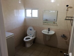 Douche, séchoir à cheveux, serviettes fournies, shampooing
