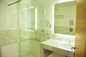 Regadera, toallas, jabón, shampoo 