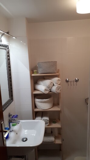 Shower, hair dryer, towels