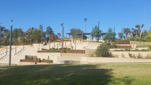 A modern outdoor area with a staircase leading up to a building, surrounded by palm trees and greenery. - Apartment 37 on Lemon (Mildura)