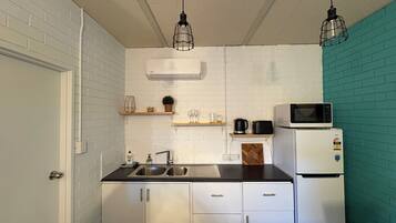 Fridge, microwave, toaster, cookware/dishes/utensils