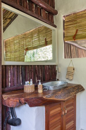 Hair dryer, towels, soap, shampoo