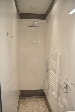 Ducha, bañera de hidromasaje, secador de pelo y toallas