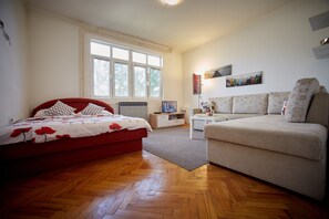 Un dormitorio con cama, sofá, radiador, televisor y ventana.