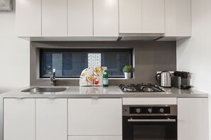 Fridge, microwave, oven, dishwasher