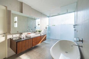 Combined shower/tub, hair dryer, shampoo, toilet paper
