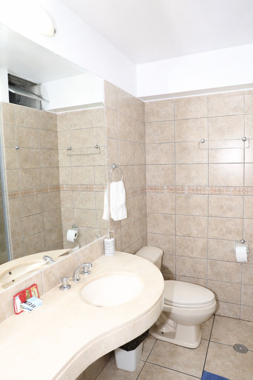 A bathroom with a sink, mirror, toilet, and towel rack.
